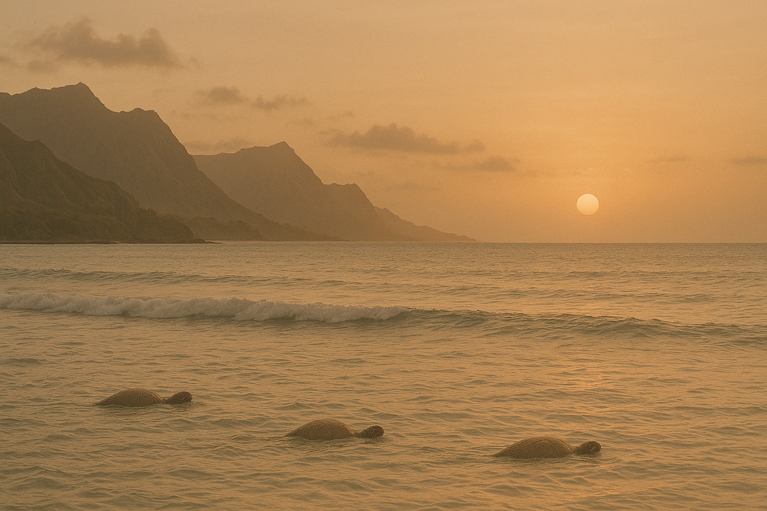 Peaceful sunset over island waters with sea turtles